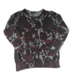 Tracy M Grey Cardigan with Deep Red Floral Print